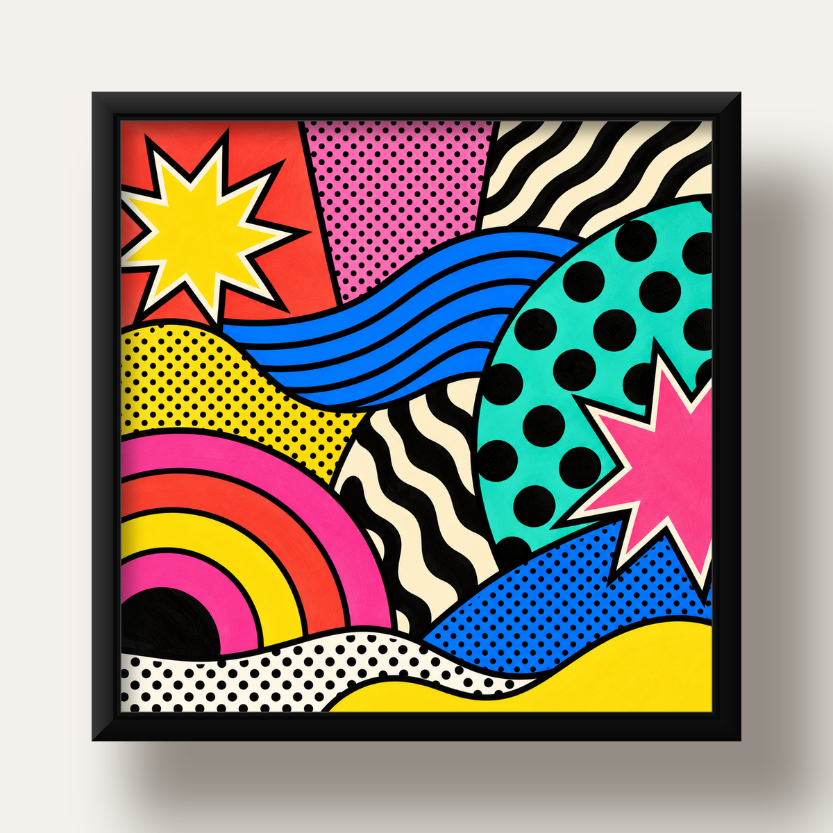 Pop Art Soyut Renkli Poster – Yıldızlı Dalga ve Gökkuşağı Desenleri — siyah derin çerçeveli