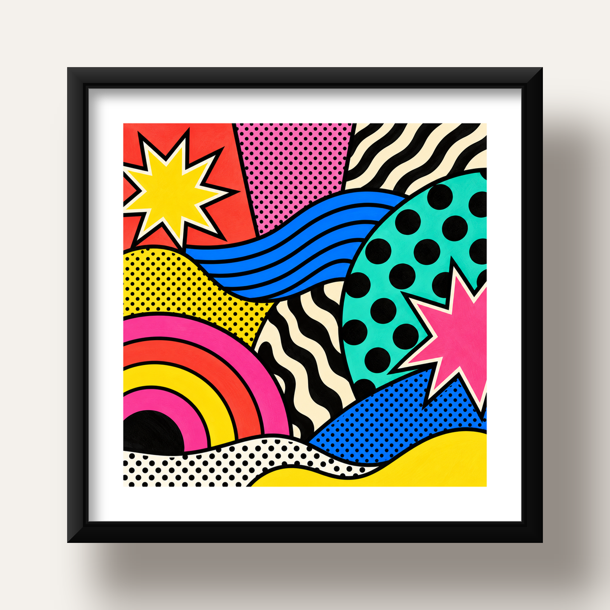 Pop Art Soyut Renkli Poster – Yıldızlı Dalga ve Gökkuşağı Desenleri — siyah derin çerçeveli paspartulu