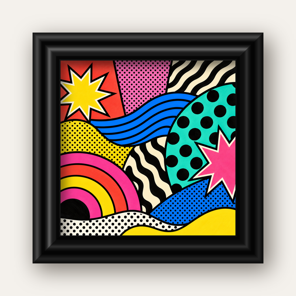 Pop Art Soyut Renkli Poster – Yıldızlı Dalga ve Gökkuşağı Desenleri — siyah galeri çerçeveli