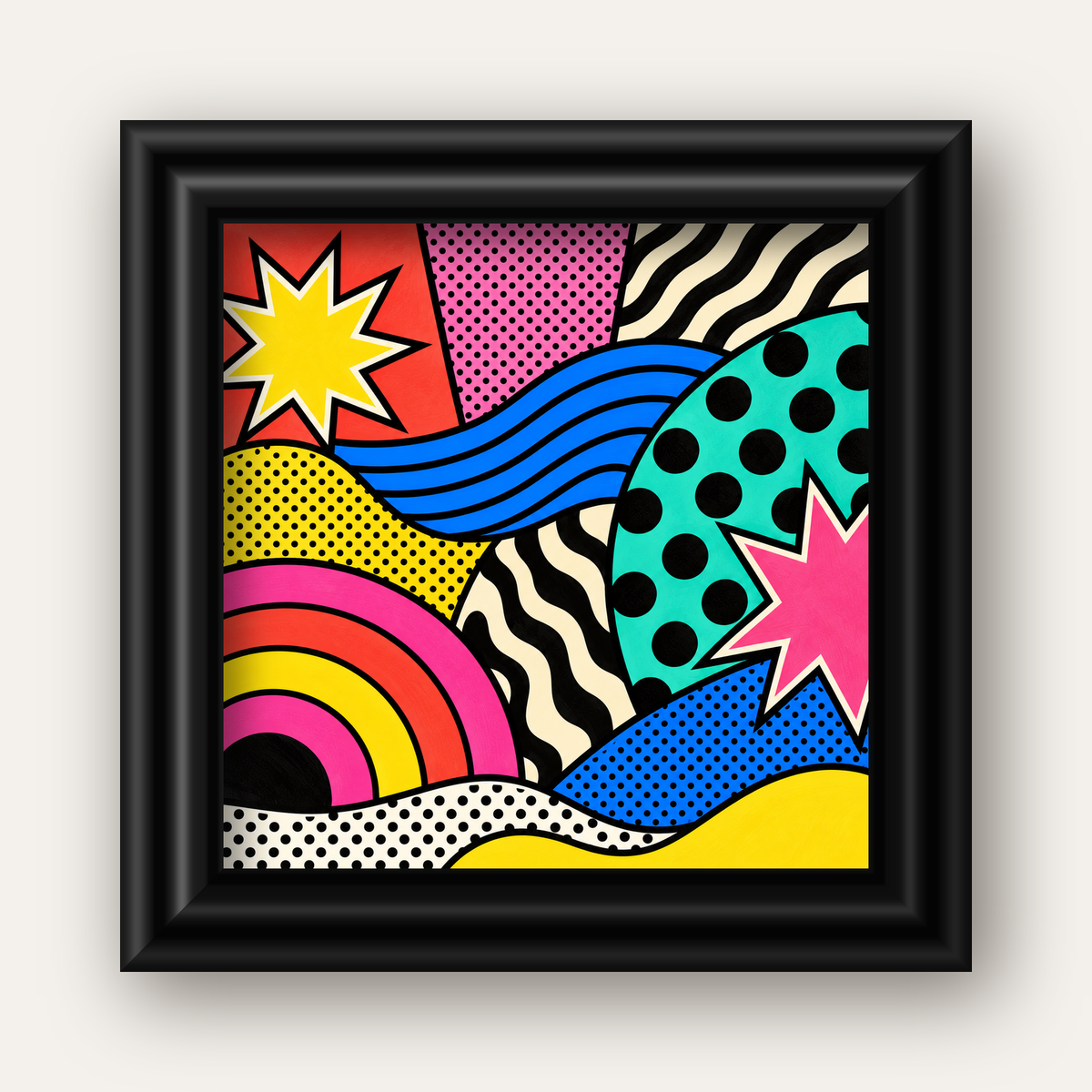 Pop Art Soyut Renkli Poster – Yıldızlı Dalga ve Gökkuşağı Desenleri — siyah galeri çerçeveli