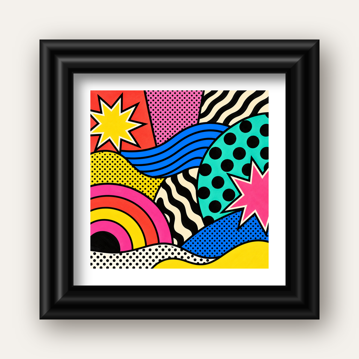 Pop Art Soyut Renkli Poster – Yıldızlı Dalga ve Gökkuşağı Desenleri — siyah galeri çerçeveli paspartulu