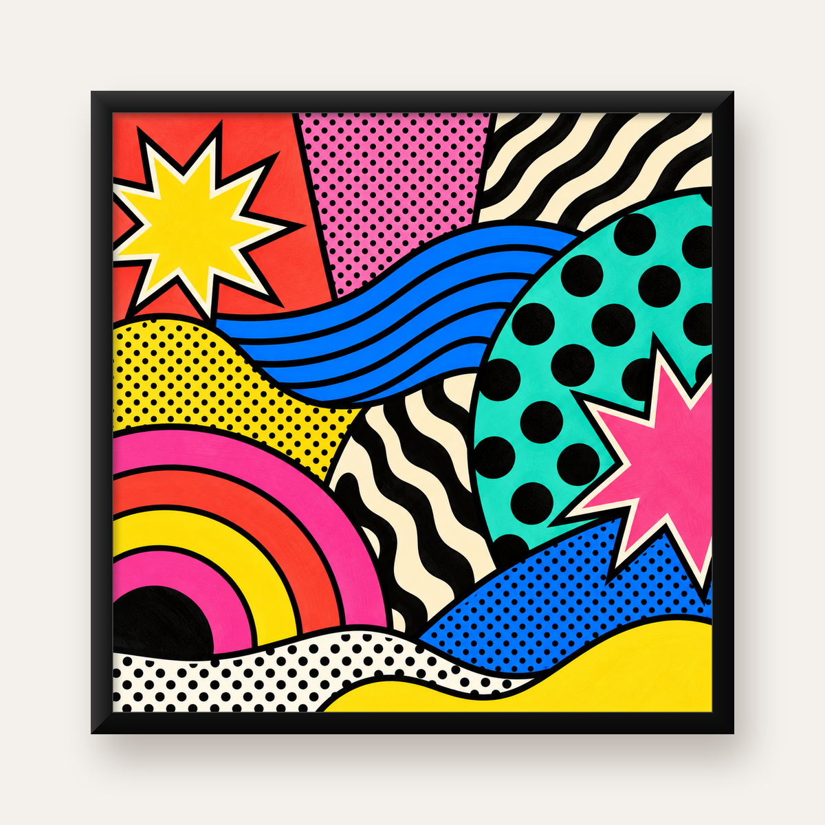 Pop Art Soyut Renkli Poster – Yıldızlı Dalga ve Gökkuşağı Desenleri — Kare baskı, düz siyah çerçeveli duvar posteri