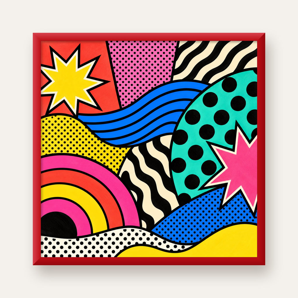 Pop Art Soyut Renkli Poster – Yıldızlı Dalga ve Gökkuşağı Desenleri — kırmızı çerçeveli