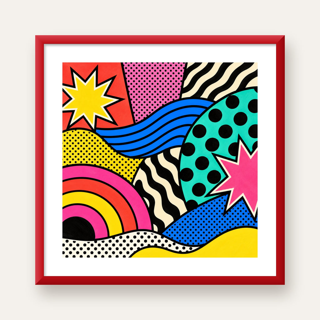 Pop Art Soyut Renkli Poster – Yıldızlı Dalga ve Gökkuşağı Desenleri — kırmızı çerçeveli paspartulu