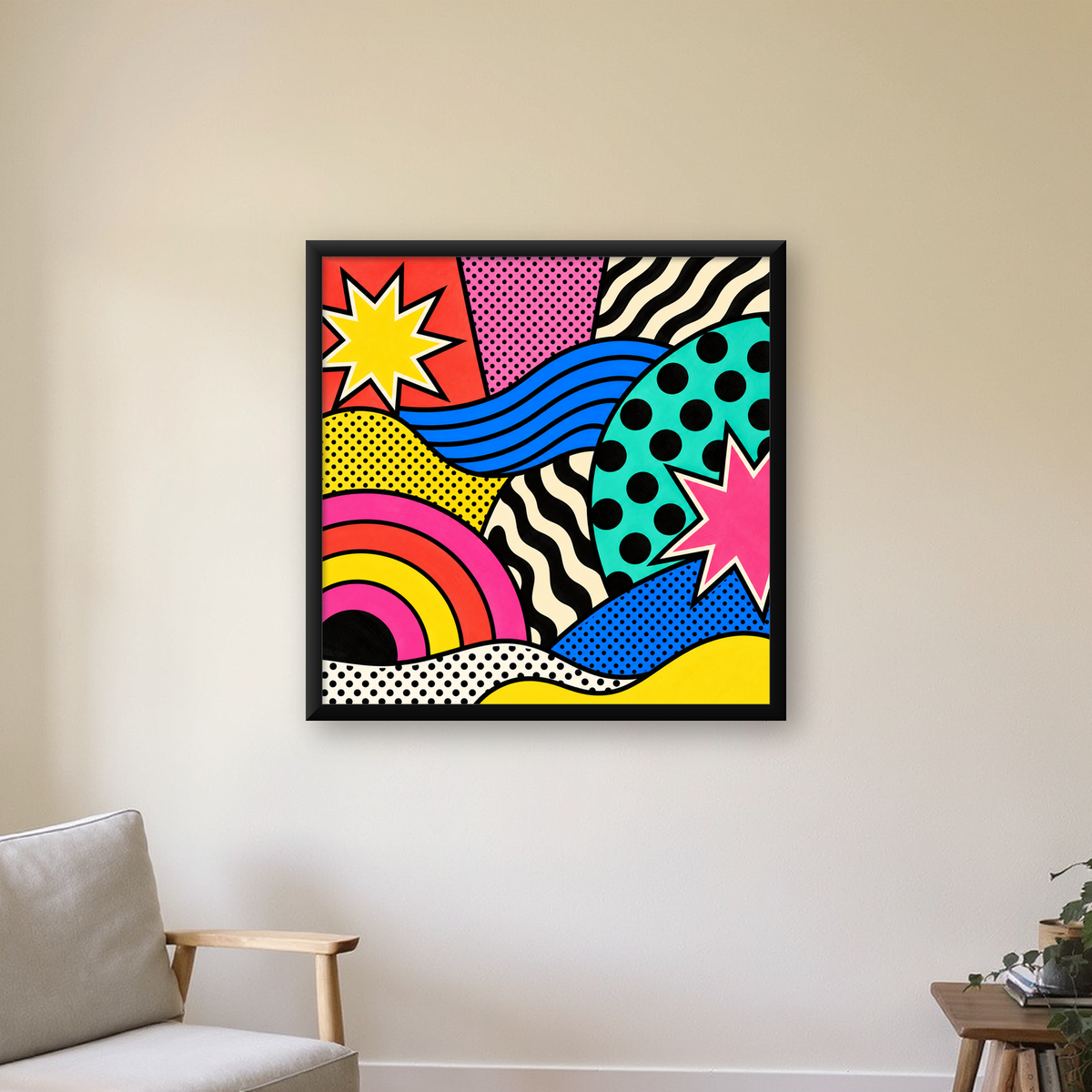 Pop Art Soyut Renkli Poster – Yıldızlı Dalga ve Gökkuşağı Desenleri — Kare baskı, çerçeveli hâliyle bir ev duvarında