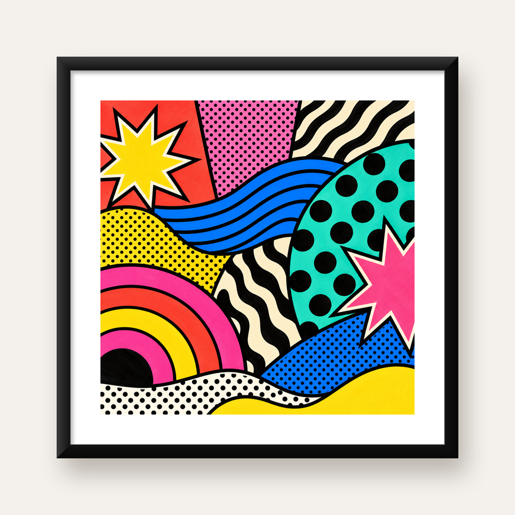Pop Art Soyut Renkli Poster – Yıldızlı Dalga ve Gökkuşağı Desenleri — Kare baskı, beyaz paspartulu