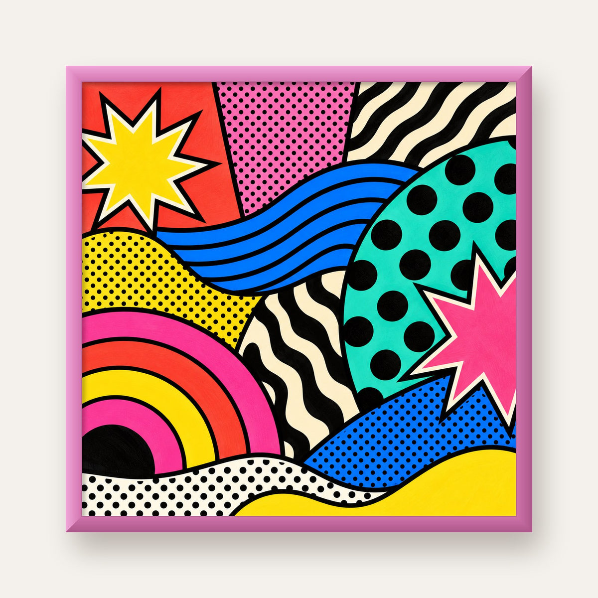 Pop Art Soyut Renkli Poster – Yıldızlı Dalga ve Gökkuşağı Desenleri — pembe çerçeveli