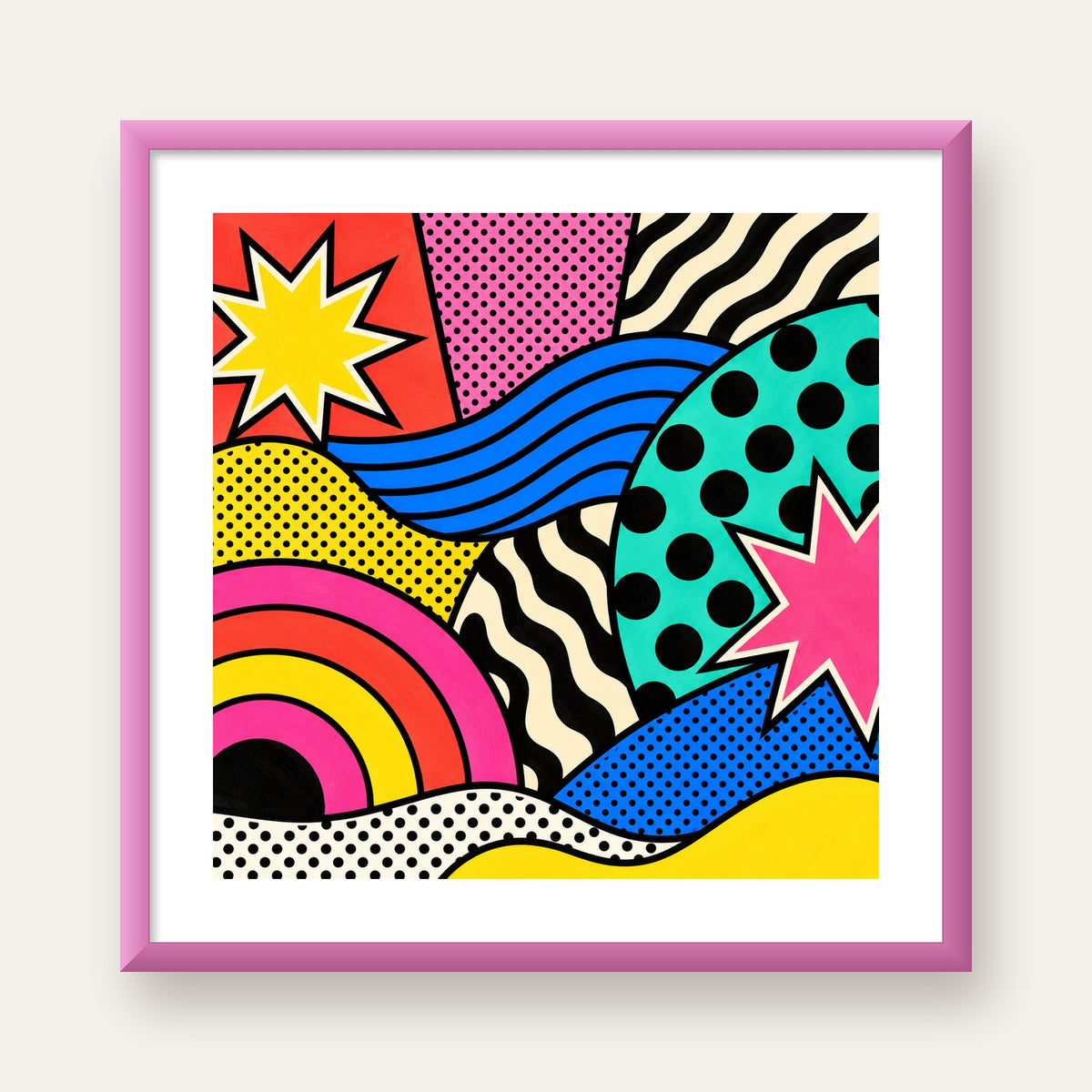 Pop Art Soyut Renkli Poster – Yıldızlı Dalga ve Gökkuşağı Desenleri — pembe çerçeveli paspartulu