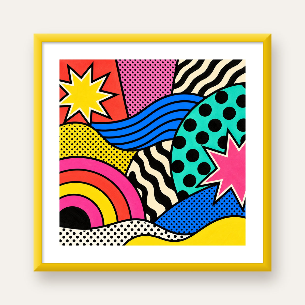 Pop Art Soyut Renkli Poster – Yıldızlı Dalga ve Gökkuşağı Desenleri — sarı çerçeveli paspartulu