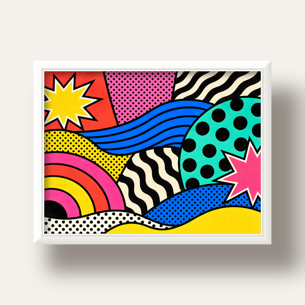 Pop Art Soyut Renkli Poster – Yıldızlı Dalga ve Gökkuşağı Desenleri — beyaz derin çerçeveli