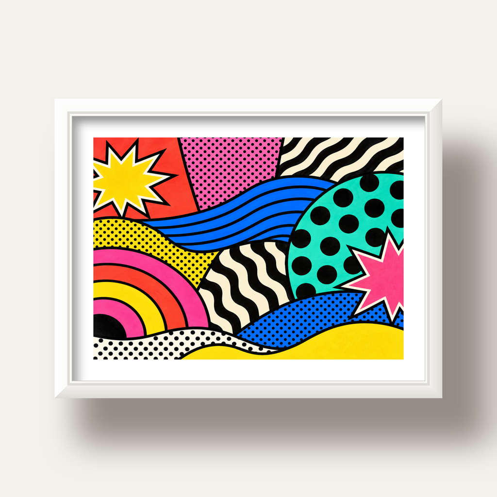 Pop Art Soyut Renkli Poster – Yıldızlı Dalga ve Gökkuşağı Desenleri — beyaz derin çerçeveli paspartulu