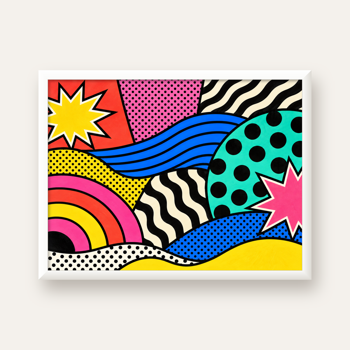 Pop Art Soyut Renkli Poster – Yıldızlı Dalga ve Gökkuşağı Desenleri — beyaz çerçeveli yatay poster