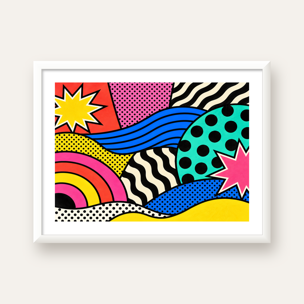 Pop Art Soyut Renkli Poster – Yıldızlı Dalga ve Gökkuşağı Desenleri — beyaz çerçeveli yatay poster
