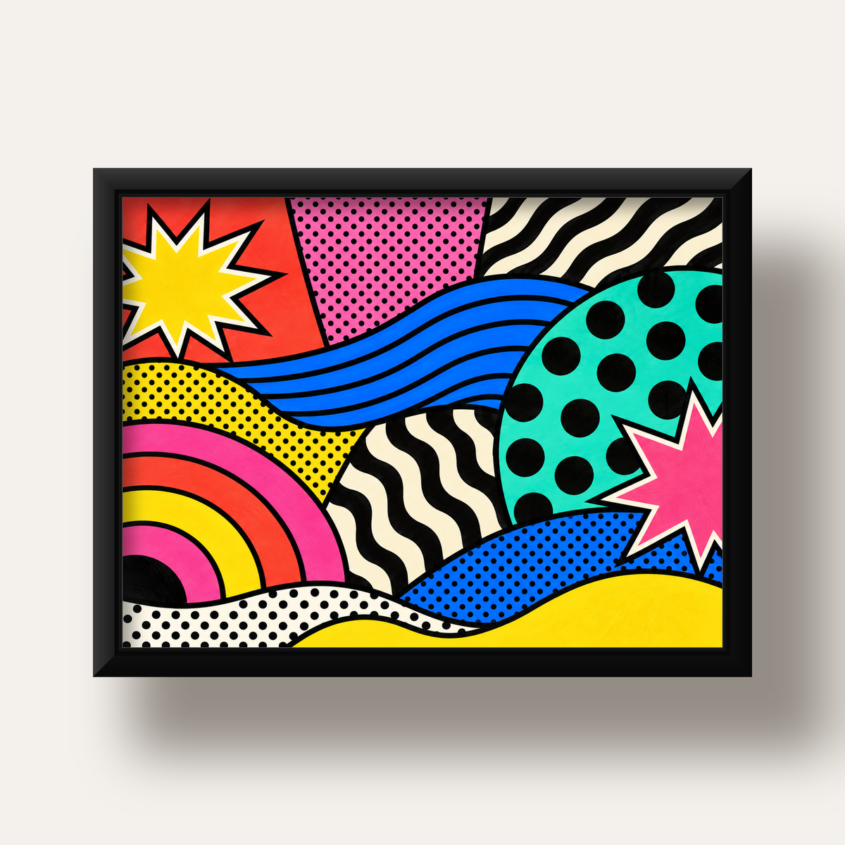 Pop Art Soyut Renkli Poster – Yıldızlı Dalga ve Gökkuşağı Desenleri — siyah derin çerçeveli