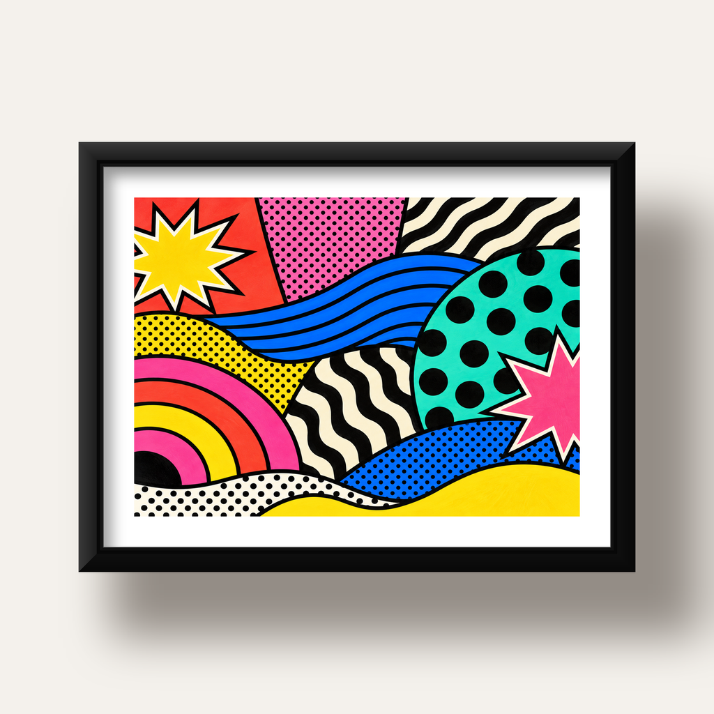 Pop Art Soyut Renkli Poster – Yıldızlı Dalga ve Gökkuşağı Desenleri — siyah derin çerçeveli paspartulu