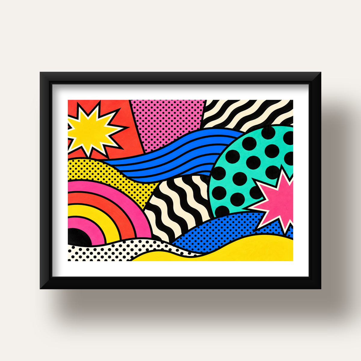 Pop Art Soyut Renkli Poster – Yıldızlı Dalga ve Gökkuşağı Desenleri — siyah derin çerçeveli paspartulu