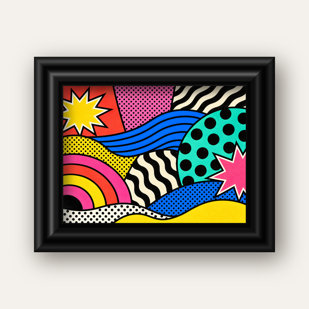 Pop Art Soyut Renkli Poster – Yıldızlı Dalga ve Gökkuşağı Desenleri — siyah galeri çerçeveli