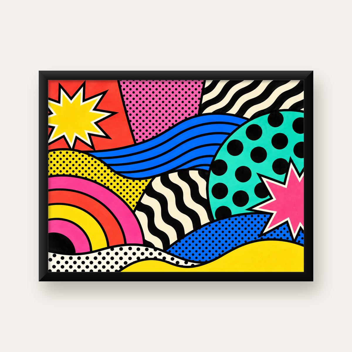 Pop Art Soyut Renkli Poster – Yıldızlı Dalga ve Gökkuşağı Desenleri — Yatay baskı, düz siyah çerçeveli duvar posteri