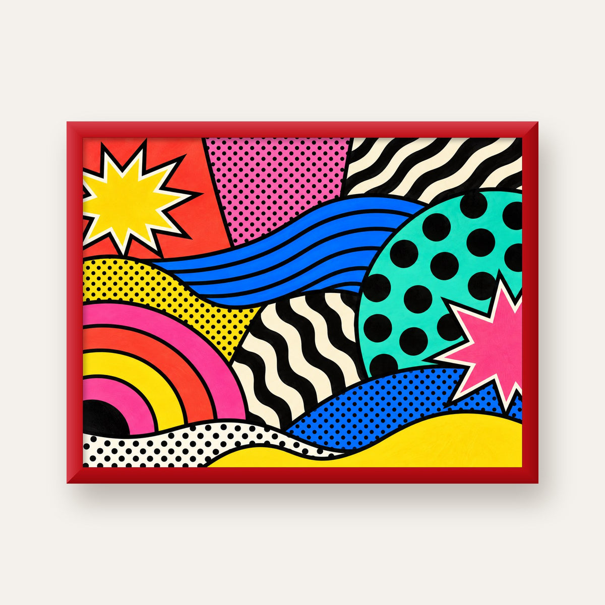 Pop Art Soyut Renkli Poster – Yıldızlı Dalga ve Gökkuşağı Desenleri — kırmızı çerçeveli