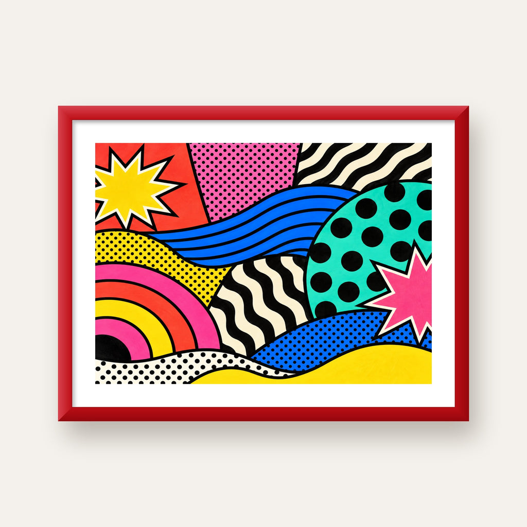 Pop Art Soyut Renkli Poster – Yıldızlı Dalga ve Gökkuşağı Desenleri — kırmızı çerçeveli paspartulu