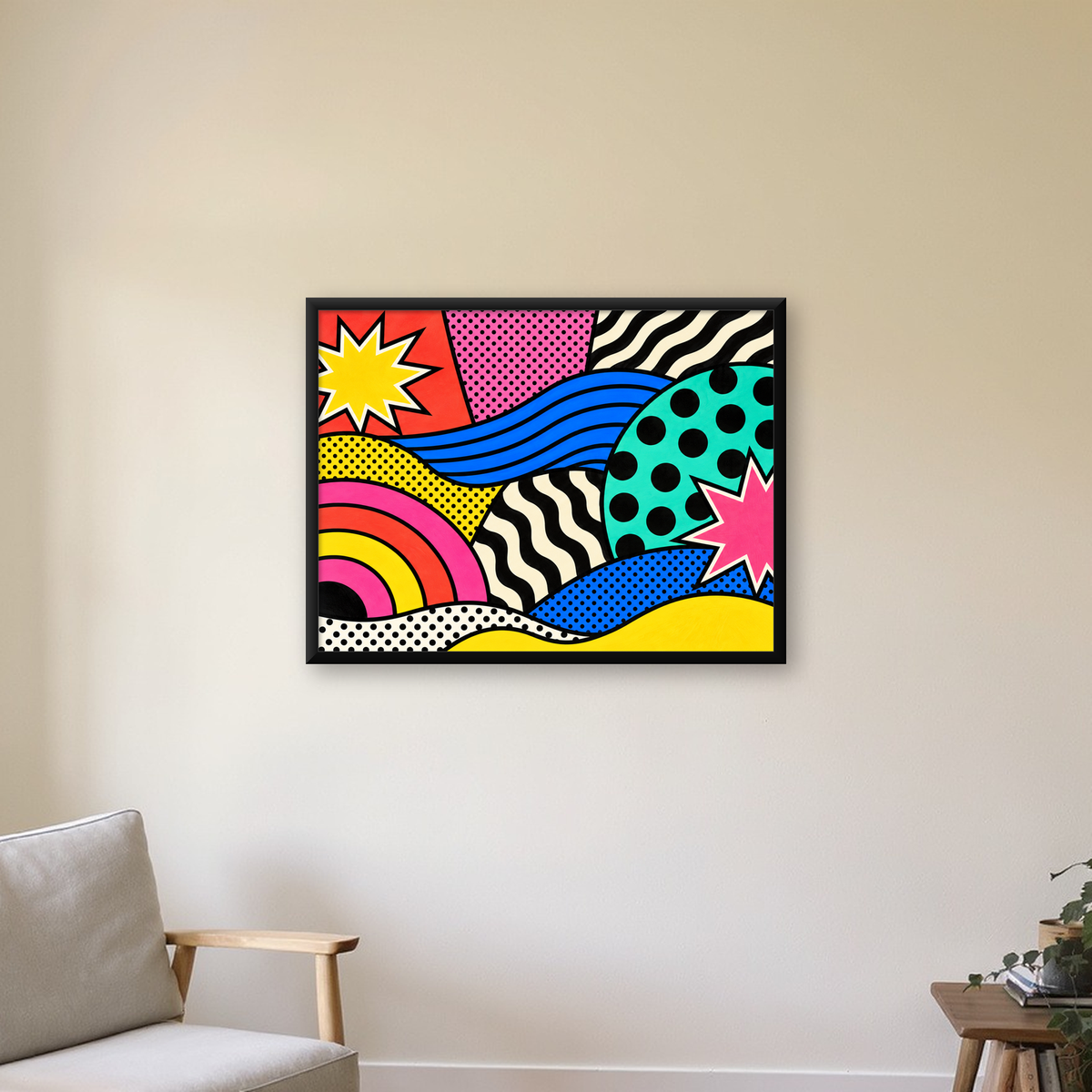 Pop Art Soyut Renkli Poster – Yıldızlı Dalga ve Gökkuşağı Desenleri — Yatay baskı, çerçeveli hâliyle bir ev duvarında
