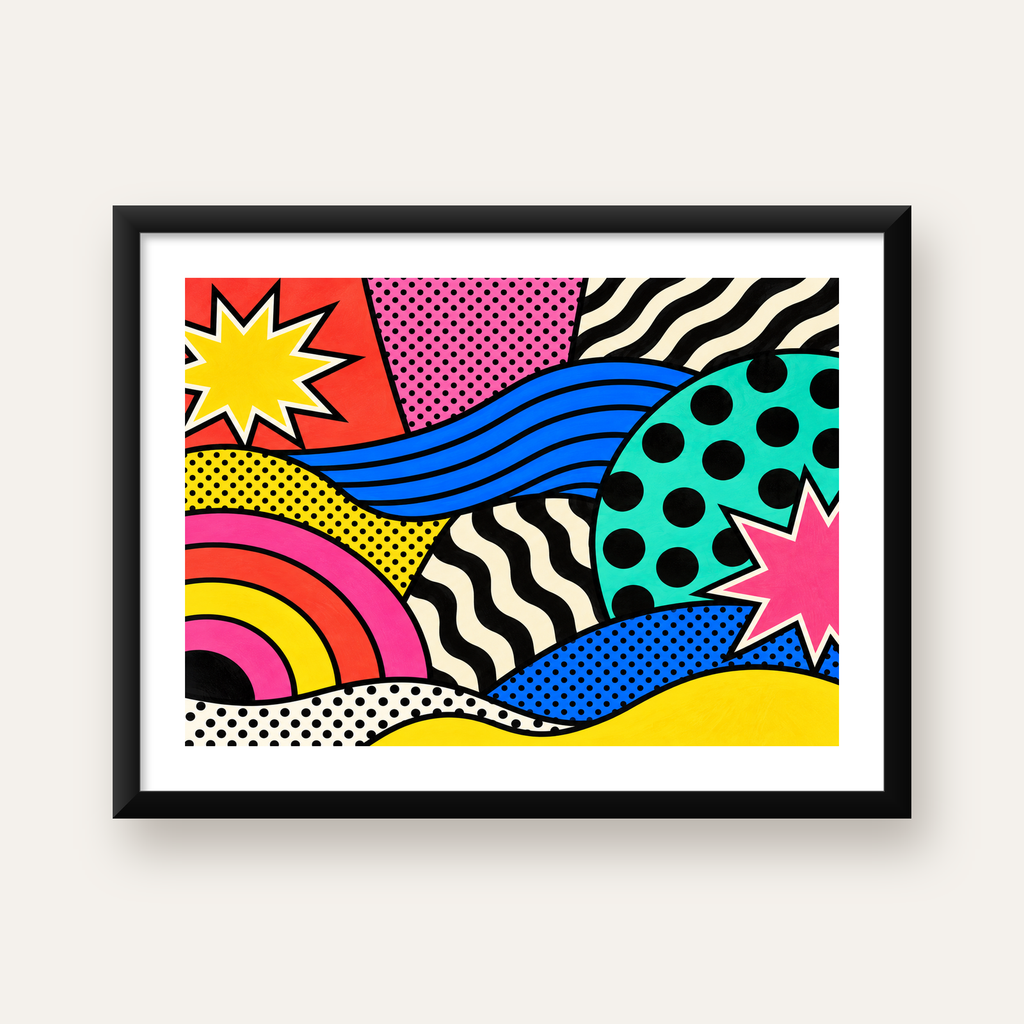 Pop Art Soyut Renkli Poster – Yıldızlı Dalga ve Gökkuşağı Desenleri — Yatay baskı, beyaz paspartulu
