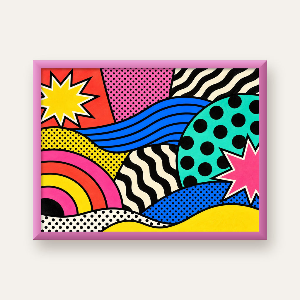 Pop Art Soyut Renkli Poster – Yıldızlı Dalga ve Gökkuşağı Desenleri — pembe çerçeveli