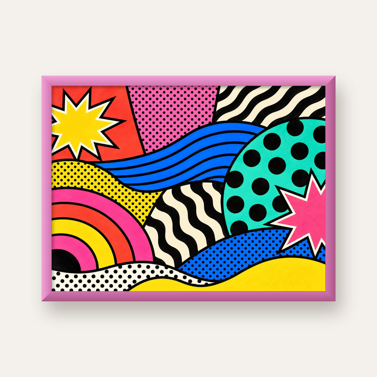 Pop Art Soyut Renkli Poster – Yıldızlı Dalga ve Gökkuşağı Desenleri — pembe çerçeveli
