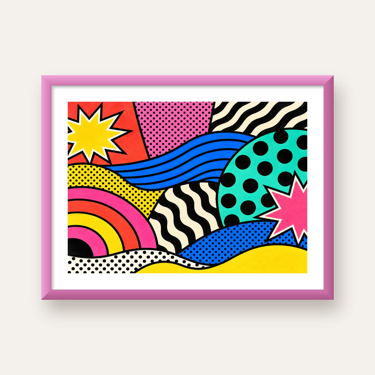 Pop Art Soyut Renkli Poster – Yıldızlı Dalga ve Gökkuşağı Desenleri — pembe çerçeveli paspartulu
