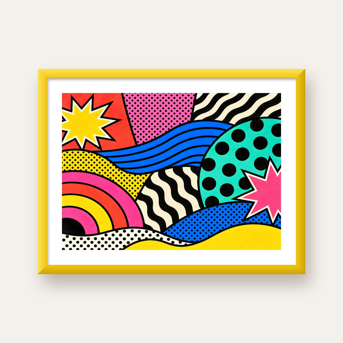 Pop Art Soyut Renkli Poster – Yıldızlı Dalga ve Gökkuşağı Desenleri — sarı çerçeveli paspartulu