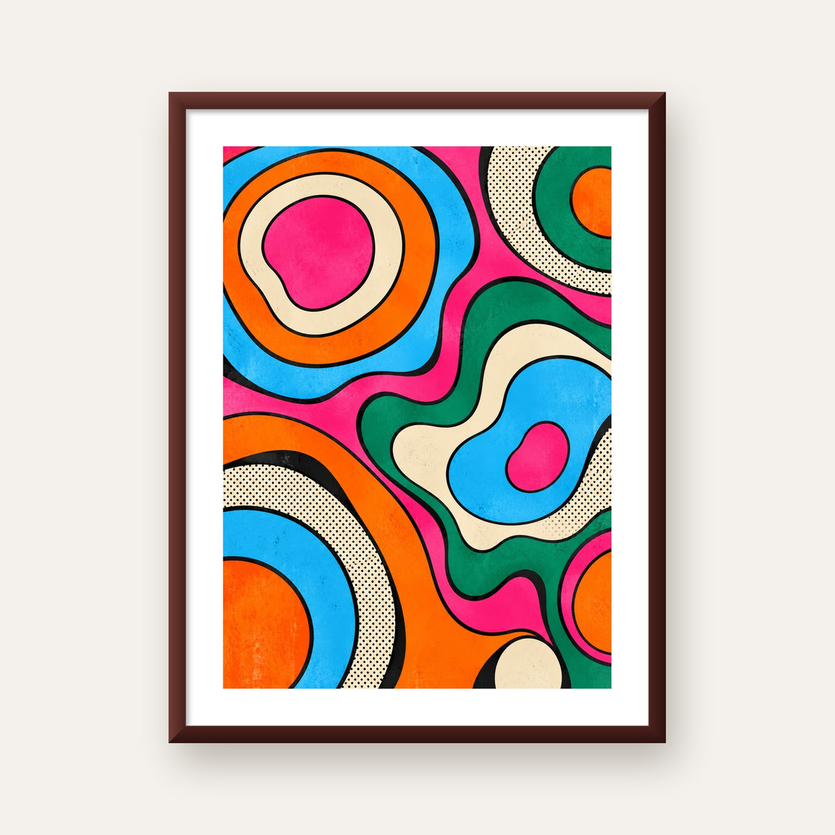 Renkli Soyut Dalgalar Pop Art Poster - Modern Duvar Dekoru — ceviz çerçeveli paspartulu