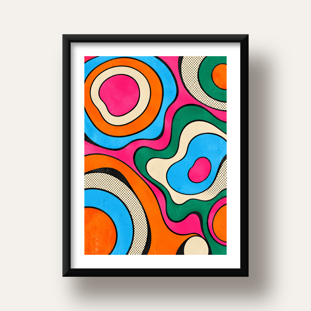 Renkli Soyut Dalgalar Pop Art Poster - Modern Duvar Dekoru — siyah derin çerçeveli paspartulu
