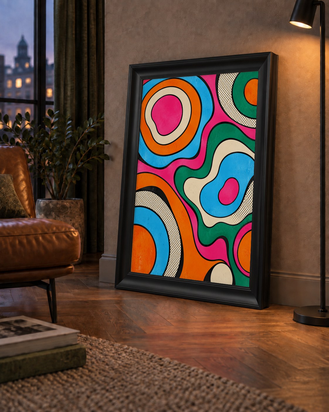 Renkli Soyut Dalgalar Pop Art Poster - Modern Duvar Dekoru — çerçeveli hâliyle bir ev duvarında
