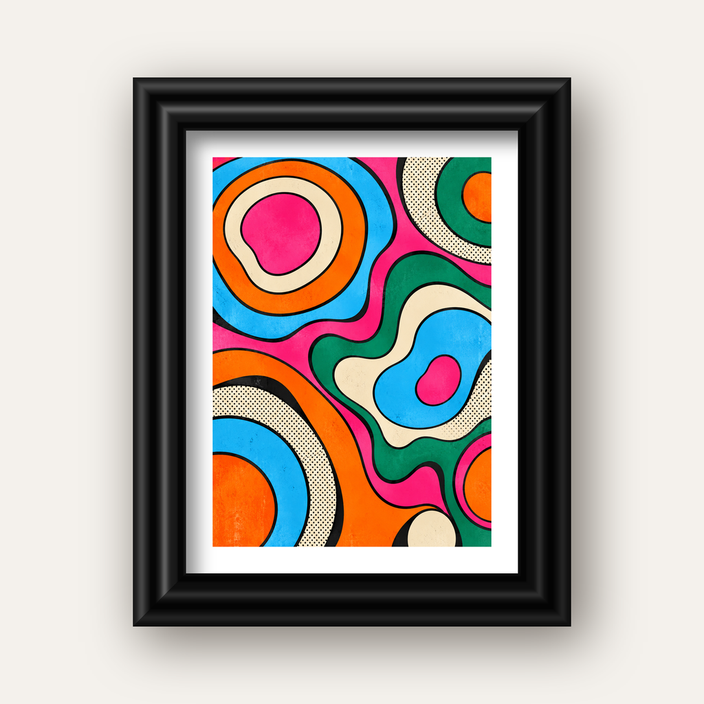 Renkli Soyut Dalgalar Pop Art Poster - Modern Duvar Dekoru — siyah galeri çerçeveli paspartulu
