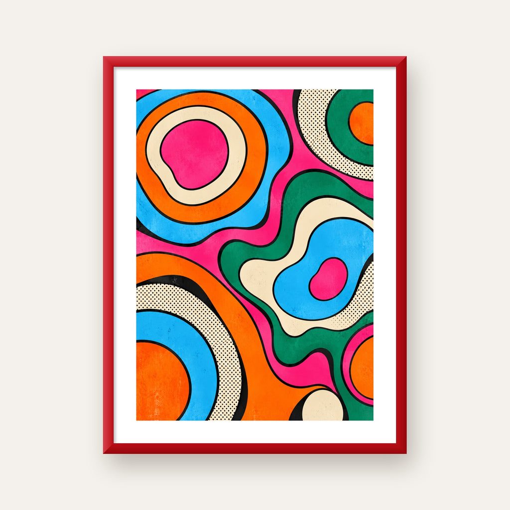 Renkli Soyut Dalgalar Pop Art Poster - Modern Duvar Dekoru — kırmızı çerçeveli paspartulu