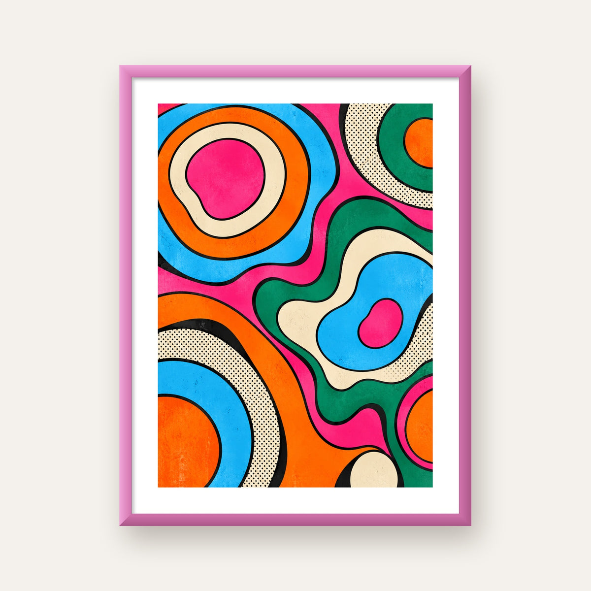 Renkli Soyut Dalgalar Pop Art Poster - Modern Duvar Dekoru — pembe çerçeveli paspartulu