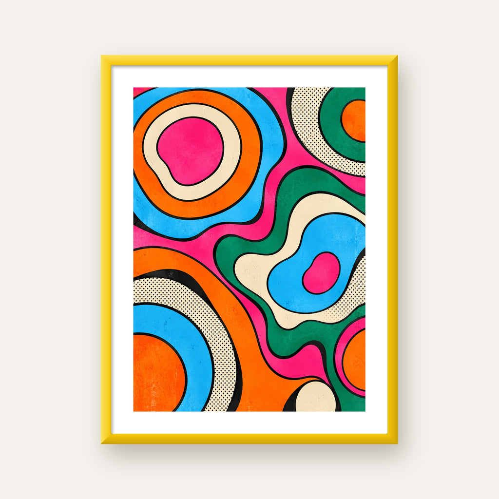 Renkli Soyut Dalgalar Pop Art Poster - Modern Duvar Dekoru — sarı çerçeveli paspartulu