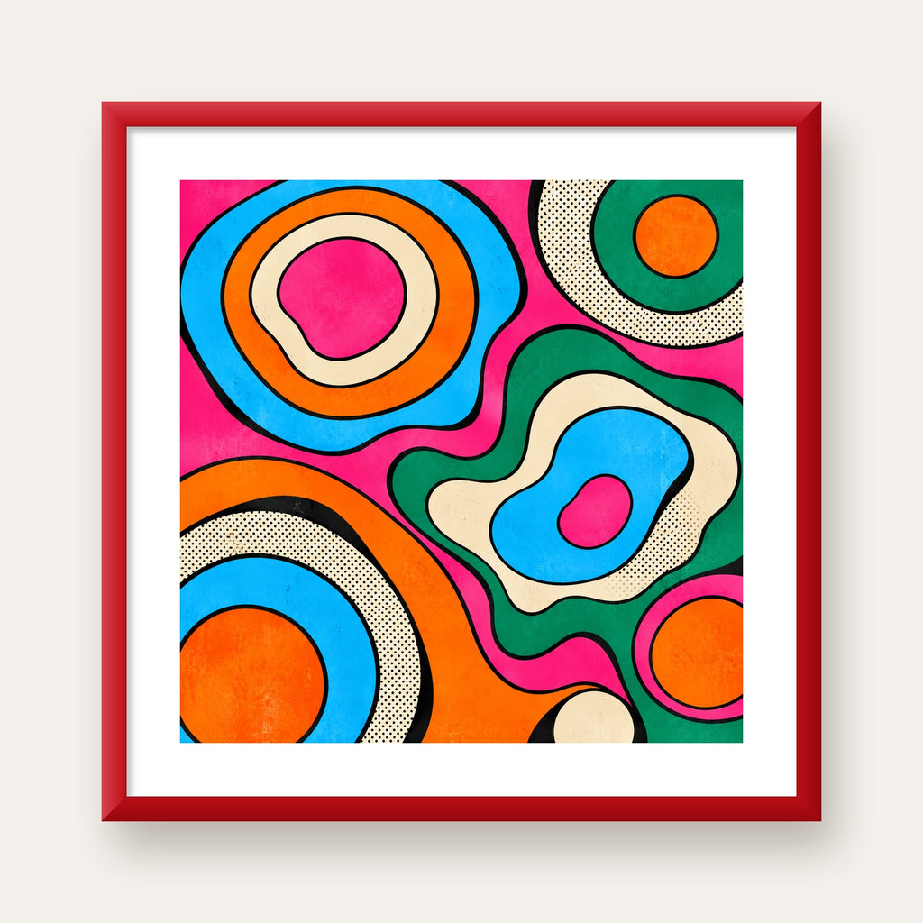 Renkli Soyut Dalgalar Pop Art Poster - Modern Duvar Dekoru — kırmızı çerçeveli paspartulu