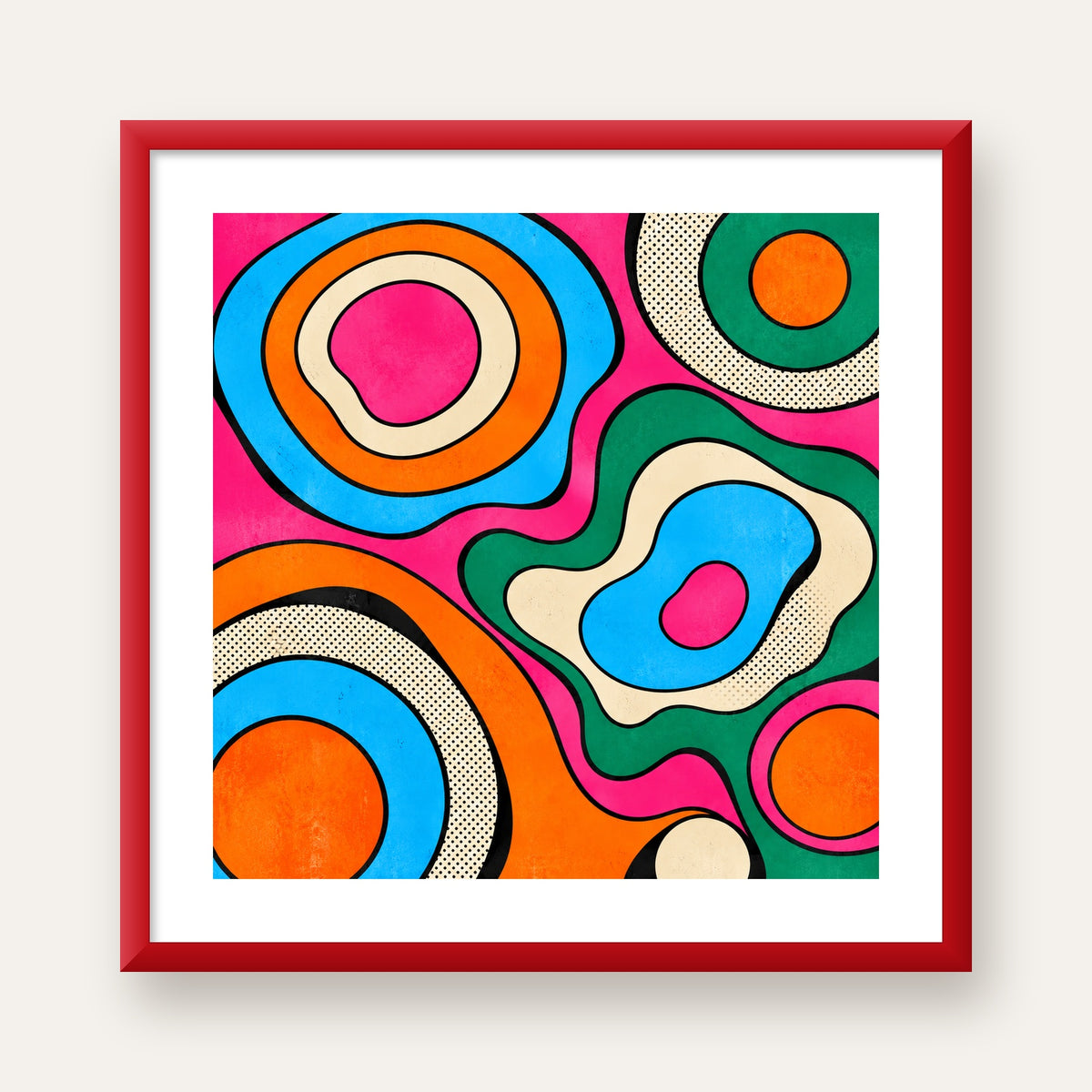 Renkli Soyut Dalgalar Pop Art Poster - Modern Duvar Dekoru — kırmızı çerçeveli paspartulu