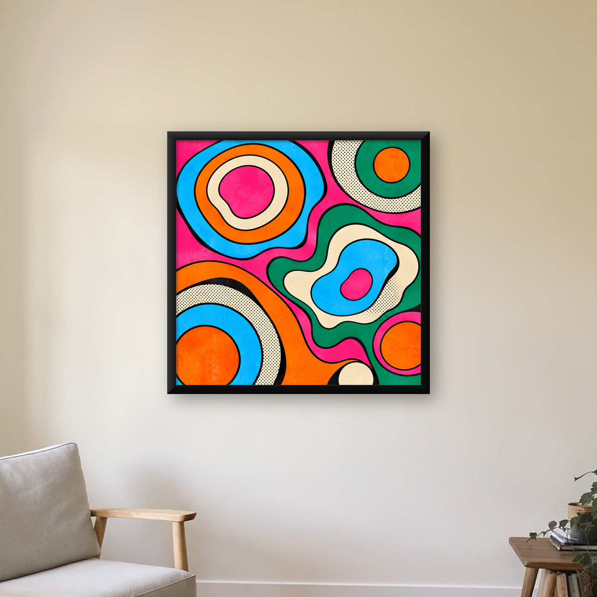 Renkli Soyut Dalgalar Pop Art Poster - Modern Duvar Dekoru — Kare baskı, çerçeveli hâliyle bir ev duvarında
