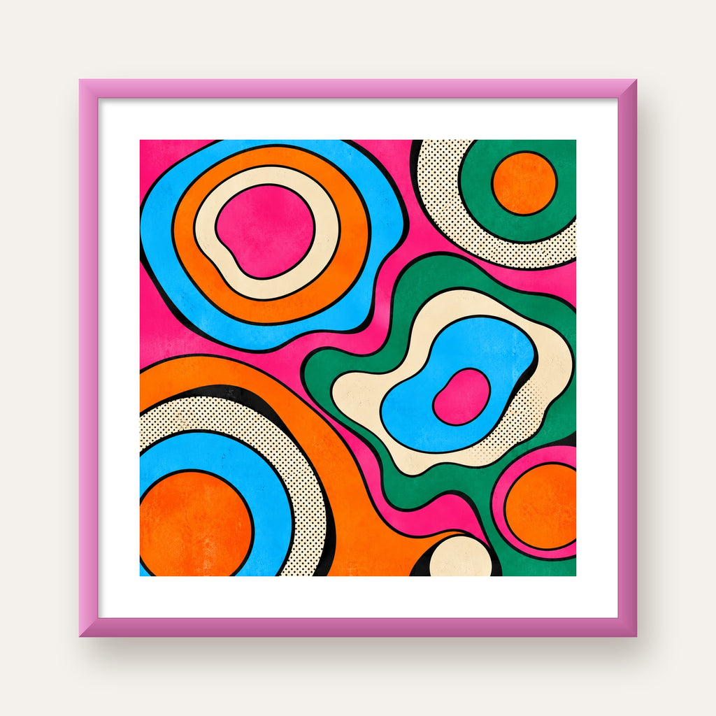 Renkli Soyut Dalgalar Pop Art Poster - Modern Duvar Dekoru — pembe çerçeveli paspartulu