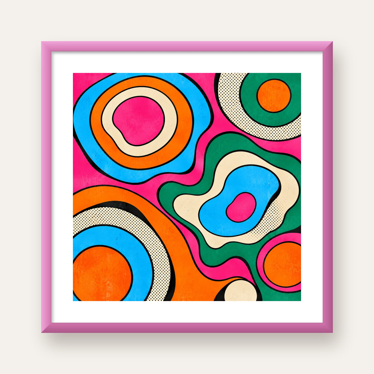 Renkli Soyut Dalgalar Pop Art Poster - Modern Duvar Dekoru — pembe çerçeveli paspartulu