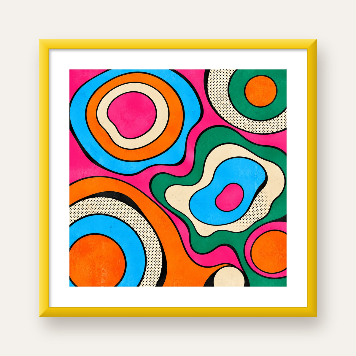 Renkli Soyut Dalgalar Pop Art Poster - Modern Duvar Dekoru — sarı çerçeveli paspartulu