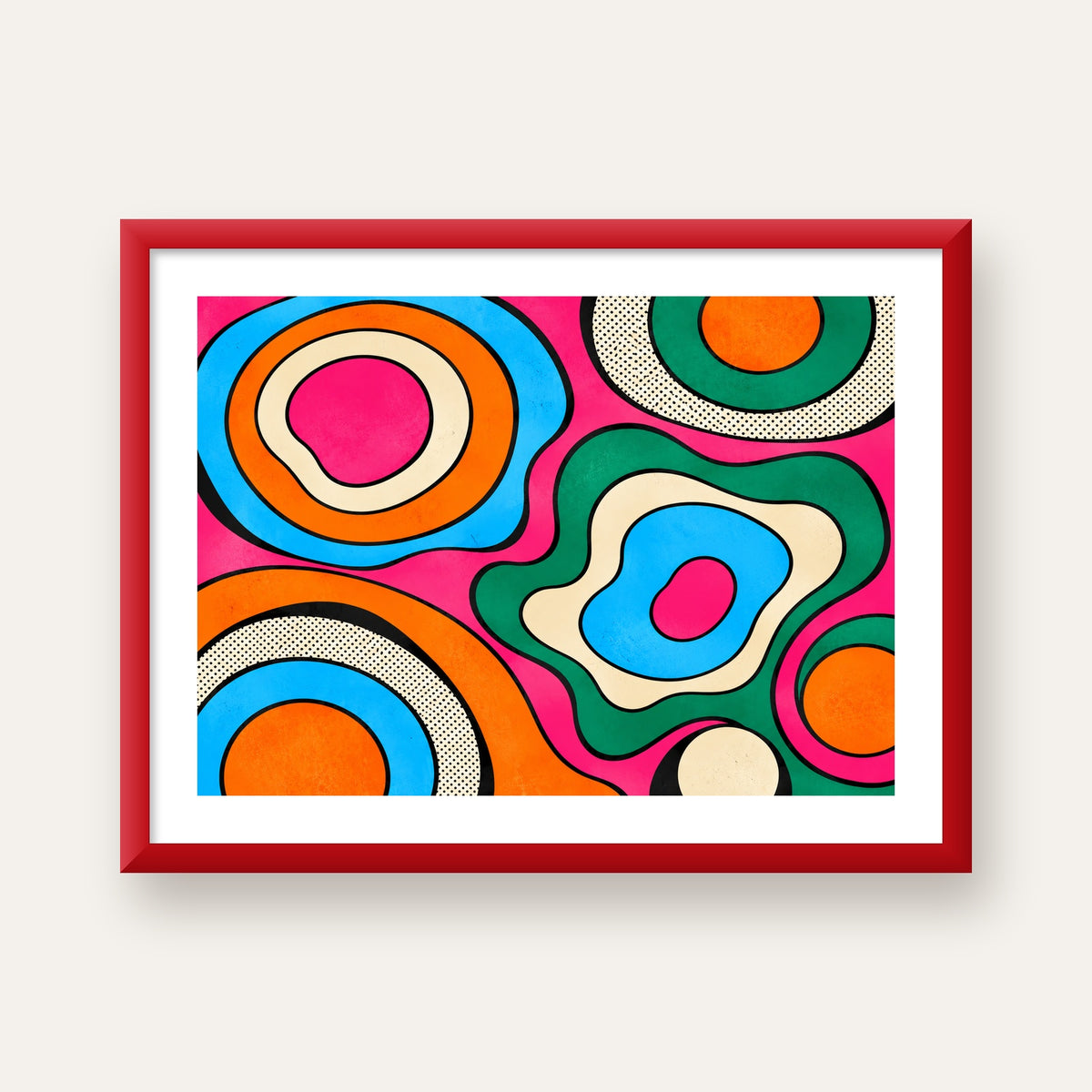 Renkli Soyut Dalgalar Pop Art Poster - Modern Duvar Dekoru — kırmızı çerçeveli paspartulu