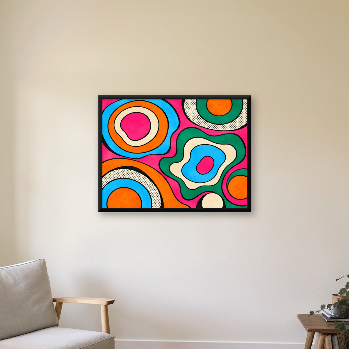Renkli Soyut Dalgalar Pop Art Poster - Modern Duvar Dekoru — Yatay baskı, çerçeveli hâliyle bir ev duvarında