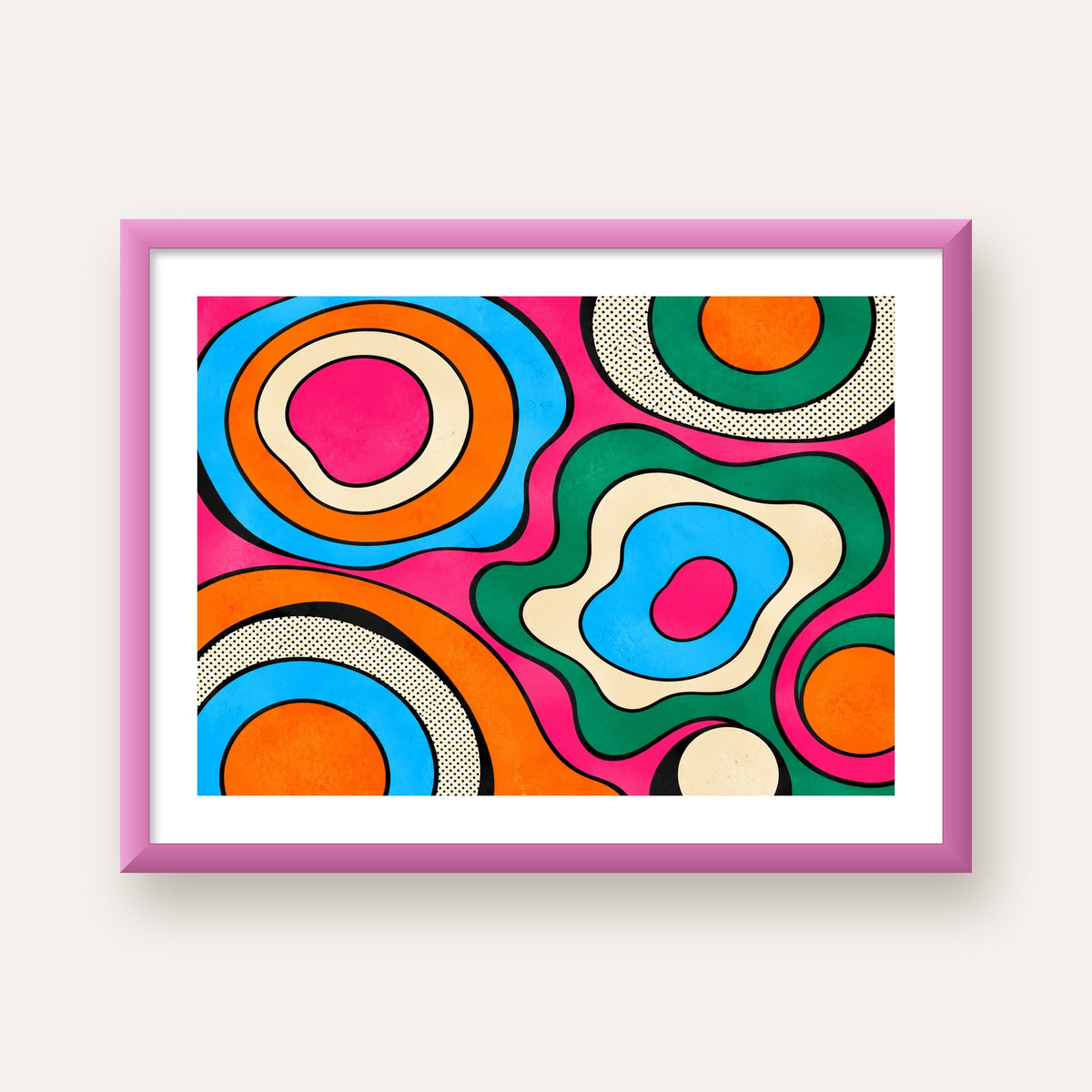 Renkli Soyut Dalgalar Pop Art Poster - Modern Duvar Dekoru — pembe çerçeveli paspartulu