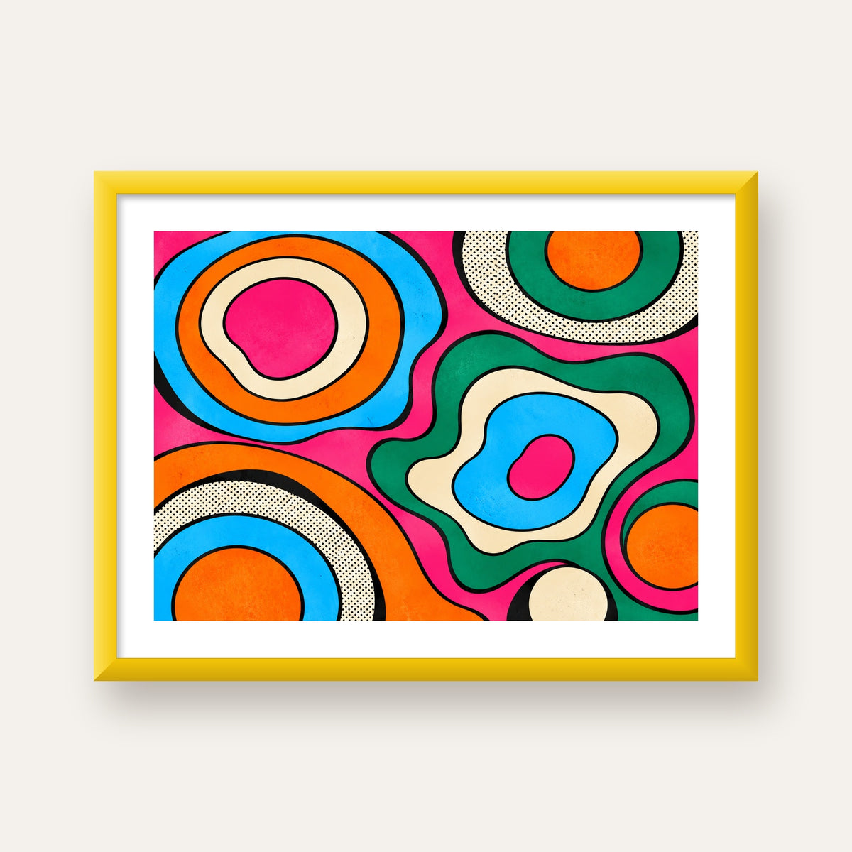 Renkli Soyut Dalgalar Pop Art Poster - Modern Duvar Dekoru — sarı çerçeveli paspartulu