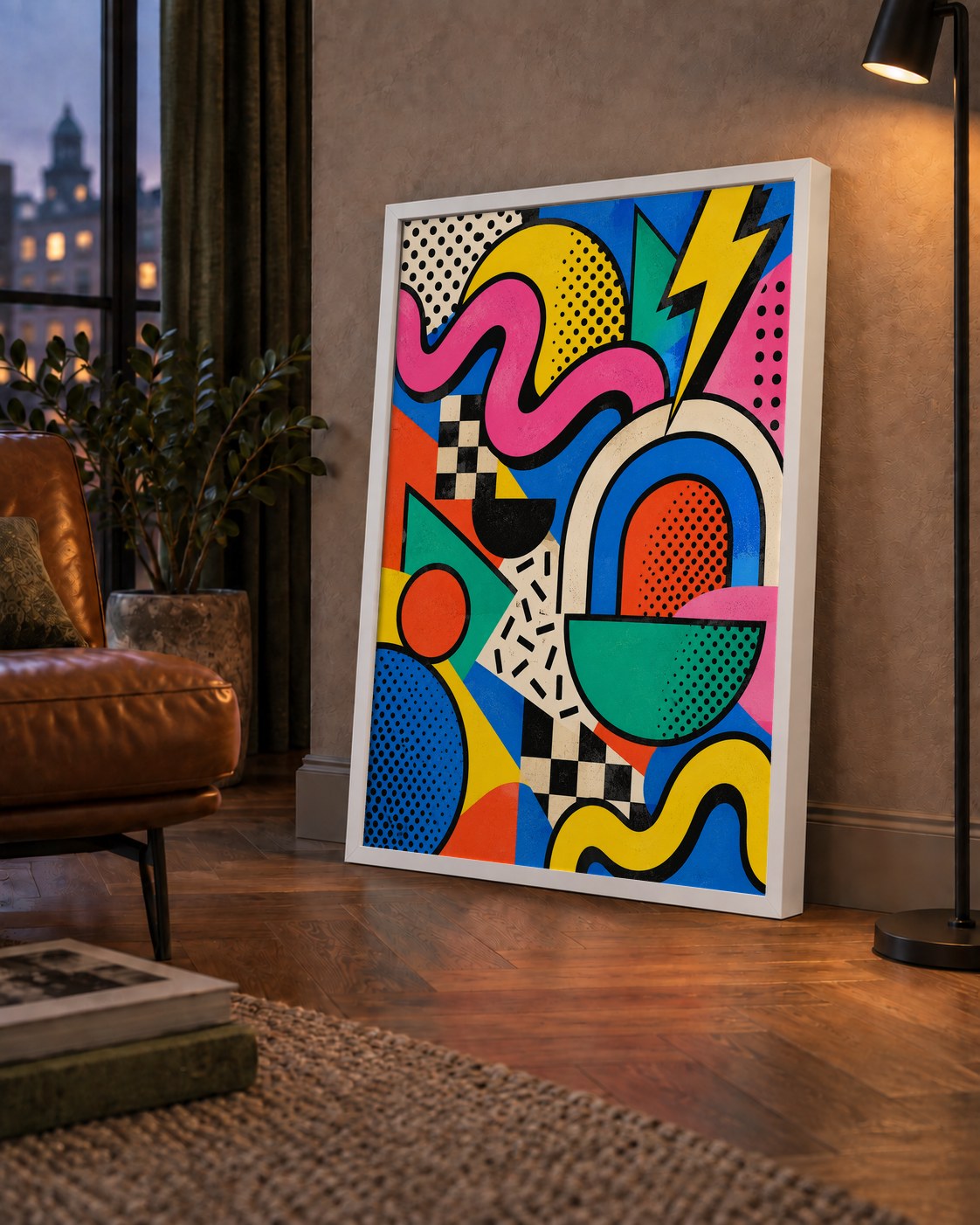 Renkli Geometrik Soyut Desen Pop-Art Poster Baskısı — çerçeveli hâliyle bir ev duvarında