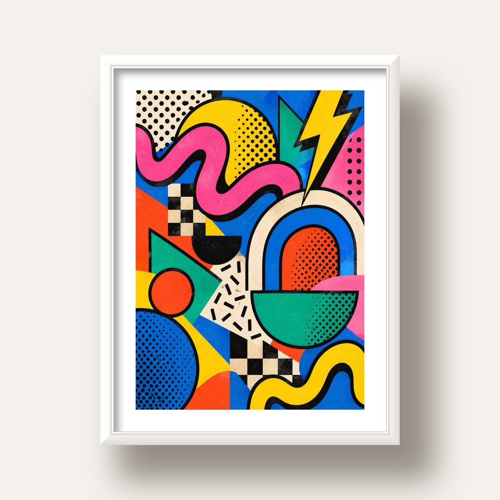 Renkli Geometrik Soyut Desen Pop-Art Poster Baskısı — beyaz derin çerçeveli paspartulu