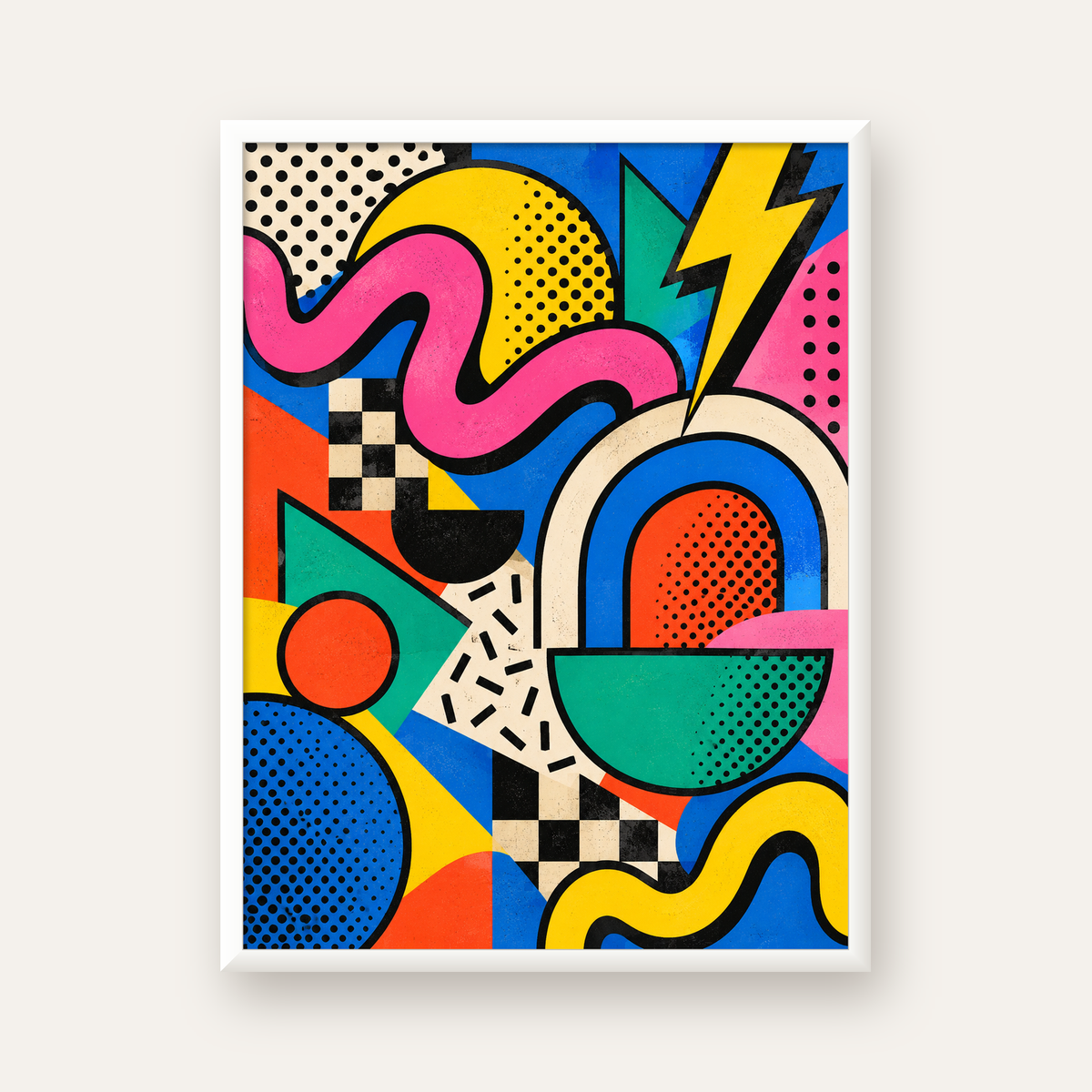 Renkli Geometrik Soyut Desen Pop-Art Poster Baskısı — beyaz çerçeveli dikey poster
